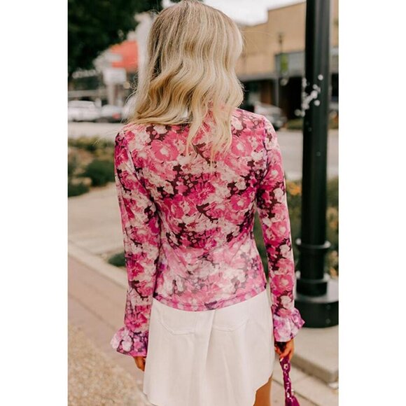NWT FLORA Pink Floral Print Sheer Mesh Longsleeve - Picture 2 of 12